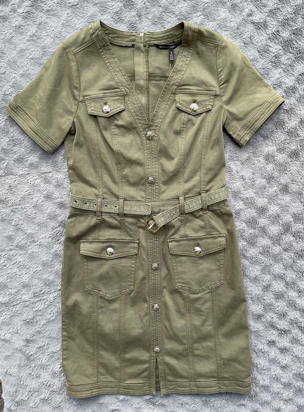 WHBM Stretch Denim Forever Olive Utility Military Shirt Dress Sz 8 NWT